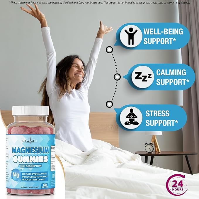 Magnesium Gummies - Calming Anti-Stress Gummies Magnesium Supplement for Adults and Kids Vegan Gelatin-Free Gluten-Free Non-GMO Delicious Natural Raspberry Flavor- 60 Count - by New Age