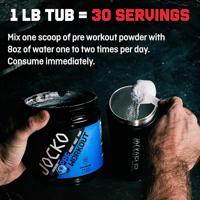 Jocko Fuel Ultimate Pre Workout Powder - Pre-Workout Energy Powder Drink for Men &amp Women - High Stim Sugar-Free Nootropic Blend to Support Muscle Pump Energy &amp Recovery 200mg Caffeine Blue R