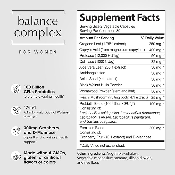 Balance Complex 17-in-1 Vaginal Health 100 Billion Probiotics for Women pH Balance with Cranberry &amp D-Mannose | Promote Urinary Tract Health for Vaginal Odor &amp Vaginal Flora 60 Capsules