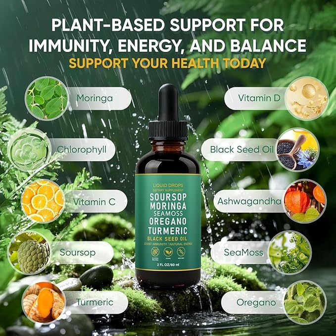 Soursop Bitterness Extract Soursop Bitters Liquid Drops Soursop Capsules with Sea Moss Moringa Turmeric Oil Black Seed Oil Oregano for Overall Health Joint Support (2)