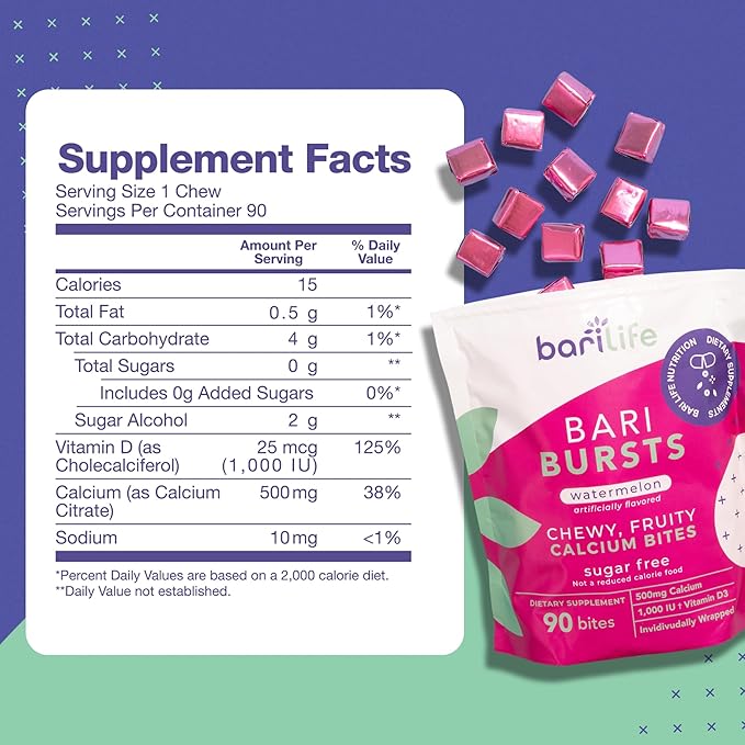 Bari Life Just One Once Daily Bariatric Multivitamin with Iron (90 Tablets) and BariBurst Calcium Citrate Soft Chews for Gastric Bypass Gastric Sleeve and Duodenal Switch (Watermelon)