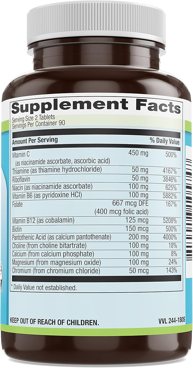 Hi Potency B Stress Complex Vitamins - Cognitive Health Migraine Relief Ascorbic Acid Thiamin Riboflavin Passion Flower and Valerian Root Extract Supplement for Energy and Stress - 180 Tablet