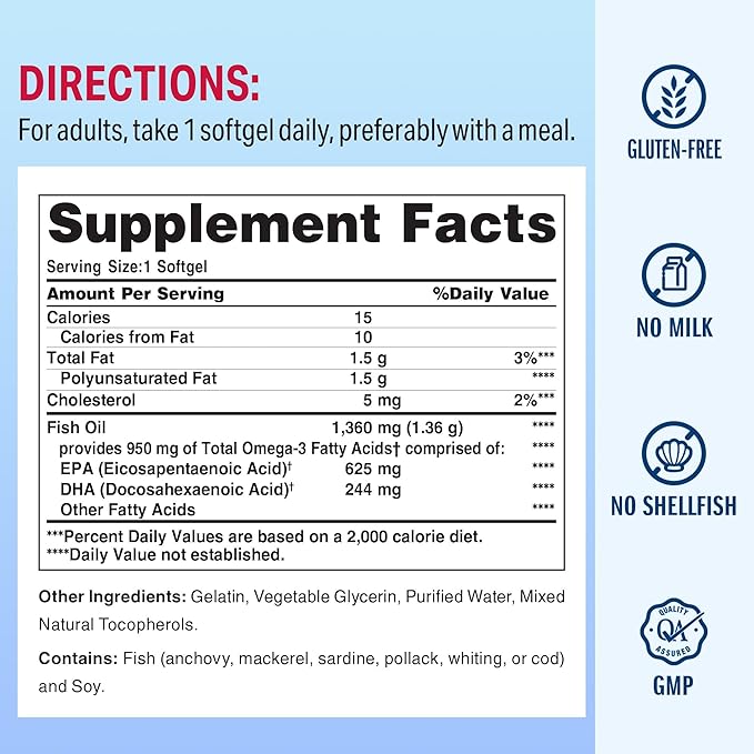 Vitamin World Triple Strength Omega 3 Fish Oil 1360 mg Supplement 950 mg Active Omega-3 Fatty Acids with EPA &amp DHA Supports Heart Brain &amp Joint Health Gluten Free 120 Softgels 4 Months S