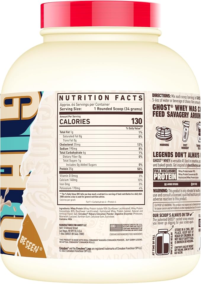 GHOST Whey Protein Powder Cinnabon - 5LB 25G of Protein - Cinnamon Roll Flavored Isolate Concentrate &amp Hydrolyzed Whey Protein Blend - Post Workout Shakes - Soy &amp Gluten Free