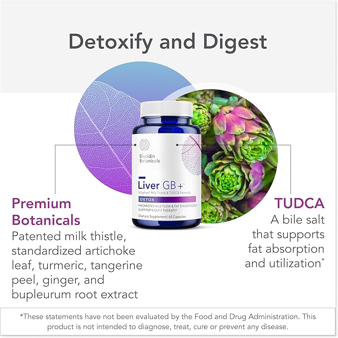 Biocidin Liver GB+ Liver Support &amp Gallbladder Supplements - Artichoke Extract &amp Milk Thistle for Detox - Optimize Toxin Removal &amp Fat Digestion - Soothe Side Effects from GLP-1 Therapy (6