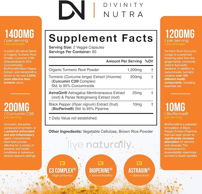 Turmeric Curcumin with BioPerine Black Pepper 1400mg Support GLP-1 Naturally Max Absorption Turmeric Supplement for Joint Support with 95% Standardized Curcuminoids C3 Complex Non GMO 120 Capsules