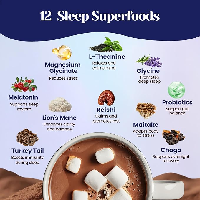 Mushroom Hot Cocoa Powder with Magnesium Glycinate Natural Sleep Aid with Reishi &amp L-Theanine for Adults 12 Superfoods Melatonin 3mg Unsweetened Hot Chocolate Drink Mix for Sleep 30 Servings