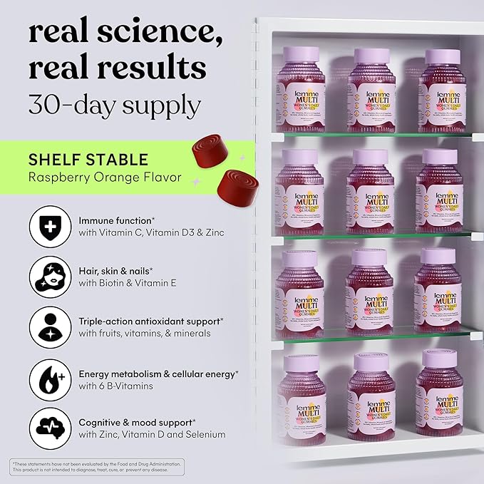 Lemme Women's Multivitamin Gummies Daily Nutritional Support with Vitamins A C D E Biotin Folic Acid Zinc &amp Inositol Bone Brain Skin &amp Immune Health Raspberry Orange 30-Day Supply
