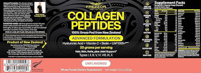 FREZZOR Collagen Peptides Powder Fine Lines &amp Wrinkles Hair &amp Nails Supports Youthful Flexibility &amp Mobility 100% New Zealand Hydrolyzed Beef Bone Collagen Unflavored 31.6 Ounce-4 Ja