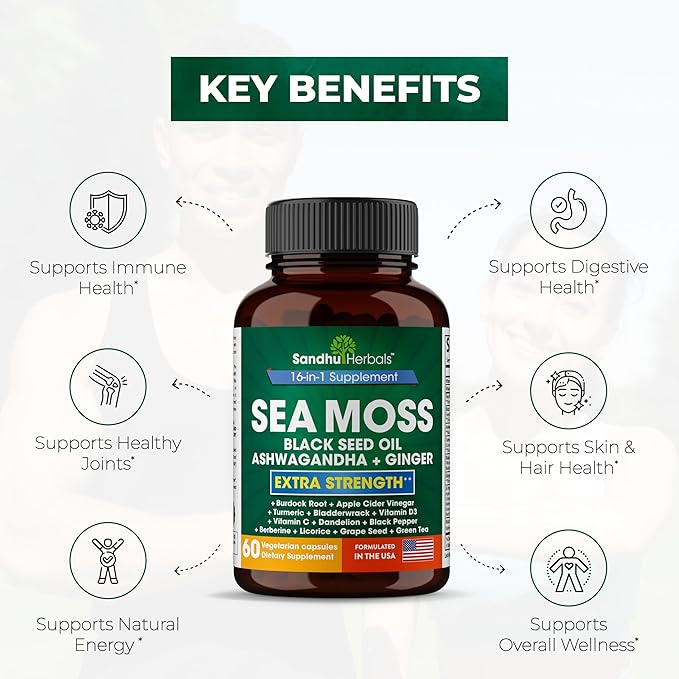 Sandhu Herbals Zinc 50mg &amp Sea Moss Black Seed Oil Ashwagandha Ginger Burdock Root Supplement for Men &amp Women| Made in USA
