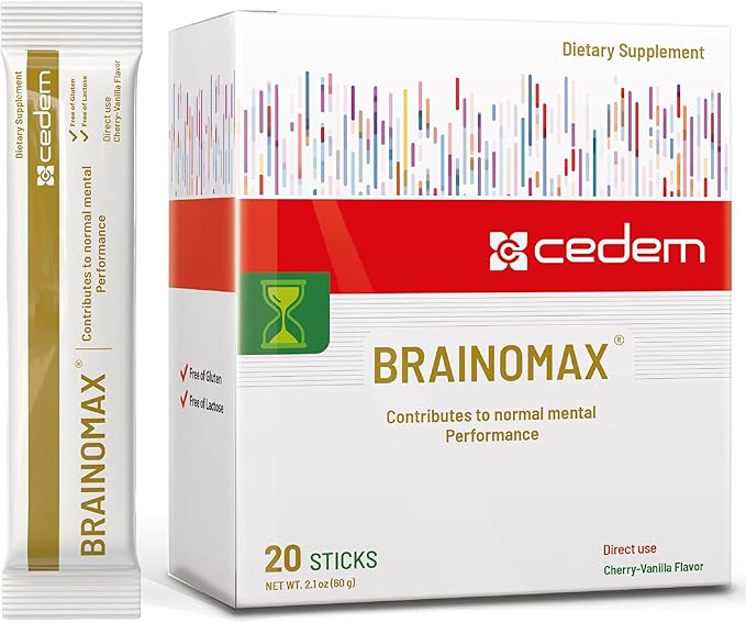 Switzerland BRAINOMAX 20 Powder Sticks Brain Booster Supplement Cherry-Vanilla Flavor with Citicoline N-Acetyl-L-Carnitine Nootropic Brain Supplements for Memory and Focus Cognitive Support