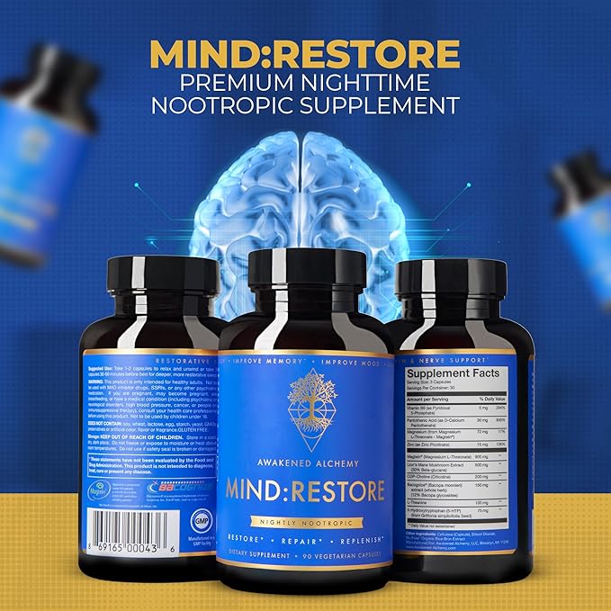 MIND:RESTORE Premium Nighttime Nootropic Supplement | Brain Nutrition for Memory and Sleep | 9 Premium Ingredients | L Theanine Lions Mane Choline Magnesium L Threonate Vitamin B6 Bacopa Monnieri