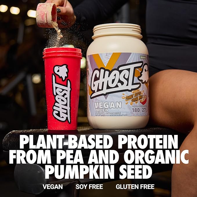 GHOST Vegan V2 Protein Powder Peanut Butter Cereal Milk - 2LB Tub 27G of Protein - Plant-Based Pea &amp Organic Pumpkin Blend Protein with Fiber &amp Iron ­Flavored Post Workout Shakes - Soy &amp