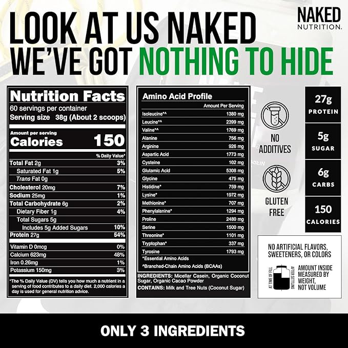 NAKED Chocolate Casein - Chocolate Micellar Casein Protein - 5 Pound Bulk NSF Certified GMO-Free Gluten-Free Soy-Free Preservative-Free - Stimulate Muscle Growth - Enhance Recovery - 60 Servings