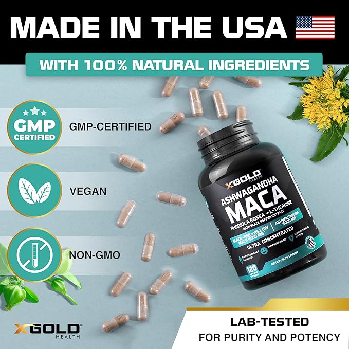 Ashwagandha 5000mg + Maca Root Black Red Yellow 4000mg Rhodiola &amp L-Theanine: 30:1 Extract Ashwagandha Capsules 20:1 Extract Maca Root Capsules - Supplement for Men and Women