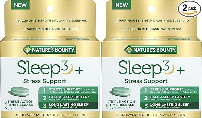 Nature's Bounty Stress Support Plus Melatonin Sleep3 Maximum Strength 100% Drug Free Sleep Aid Dietary Supplement with Ashwagandha Time Release Technology 10mg 56 Tri-Layered Tablets (Pack of 2)