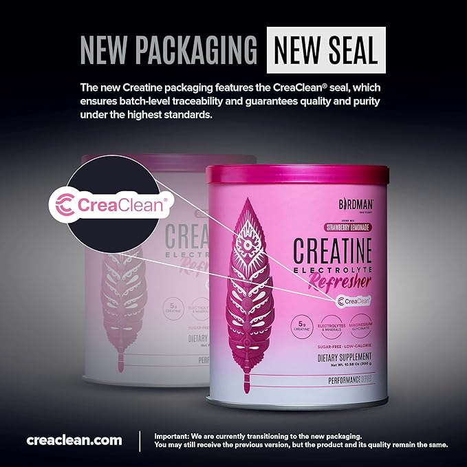 BIRDMAN Creatine Refresher | Creatine Monohydrate Powder with Electrolytes Magnesium Glycinate &amp Vitamins | Creaclean Seal | Sugar Free Low Calorie | Strawberry Lemonade | 30 Servings