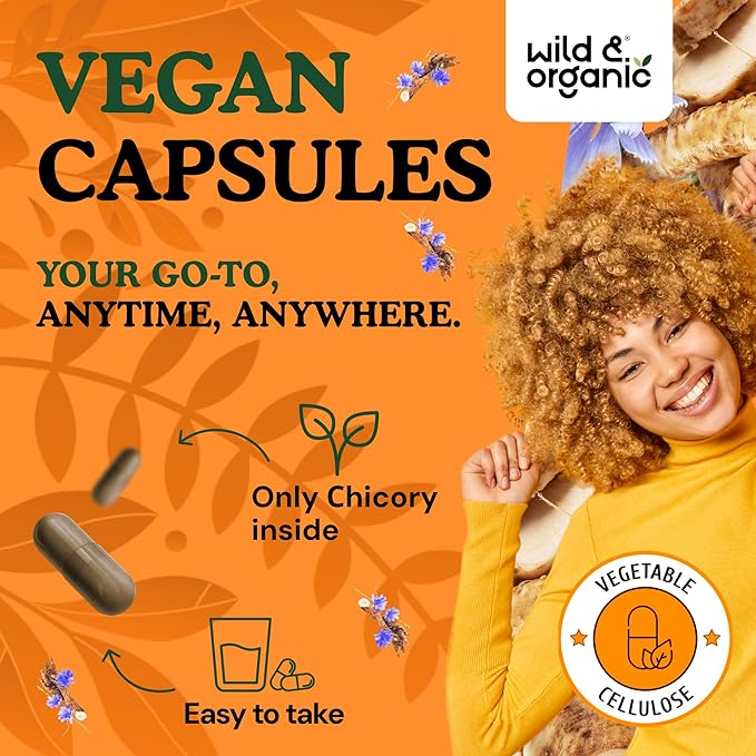 Wild &amp Organic Chicory Root Fiber Capsules - 1200 mg of Chicory Root Powder per Serving - Digestive &amp Gut Support - Inulin Prebiotic Fiber Supplement - Non-GMO Vegan Inulin Capsules - 180 Cou