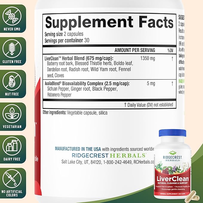 Ridgecrest Herbals LiverClean Herbal Liver Support Supplement Blessed Thistle Dandelion Detox Cleanse Support Healthy Bile (60 Caps 30 Serv)