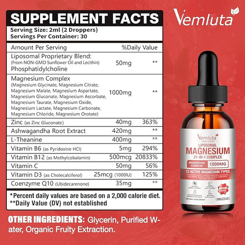 2 Packs 21-in-1 Liposomal 12 Active Magnesium Complex 2000MG+ Liquid Drops - with Magnesium GlycinateCitrate etc Ashwagandha &amp L-TheanineCoQ10 for Mood MuscleHeart &amp Relaxation Nerve* Sup