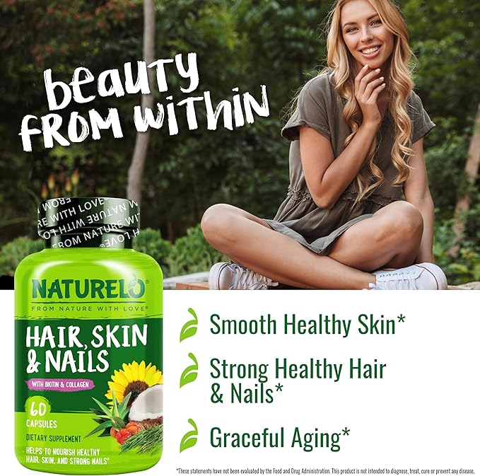 NATURELO Hair Skin and Nails Vitamins - 5000 mcg Biotin Collagen Natural Vitamin E - Supplement for Healthy Skin Hair Growth for Women and Men – 60 Capsules
