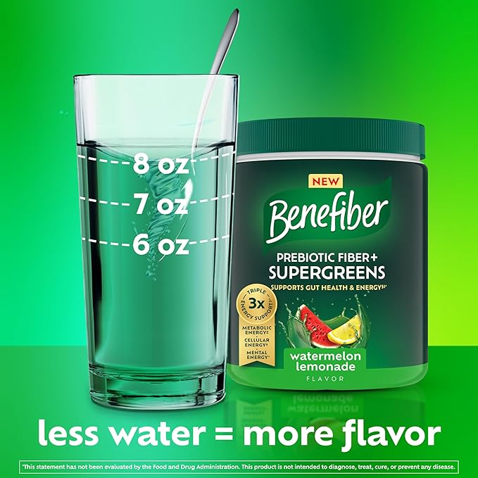Benefiber Prebiotic Fiber + Supergreens Dietary Supplement Powder Watermelon Lemonade Flavor 8.8 oz (250g)