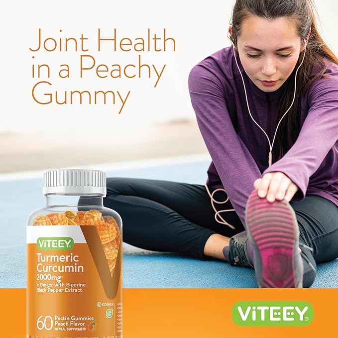 Viteey Turmeric Gummies with Turmeric Curcumin Ginger &amp Black Pepper Extract - Immune Support Healthy Skin and Joint Health - Vegan Gelatin Free GMO Free - Tasty Chewable Peach Flavored-120 C