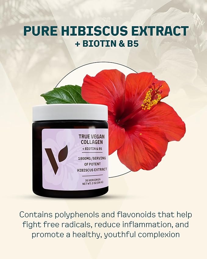 True Vegan Collagen - Antioxidant-Rich Supplement of Pure Organic Hibiscus Powder for Hair &amp Skin - Plant Based &amp Cruelty Free with Biotin &amp B5-2 oz 30 Servings per Bottle