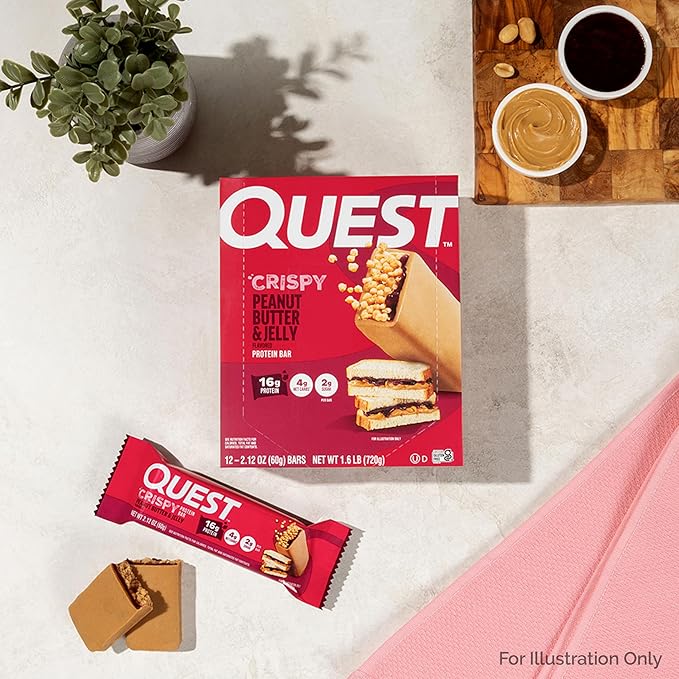 Quest Nutrition Crispy Peanut Butter &amp Jelly 16g Protein Bar 2g Sugar 4g Net Carbs Gluten Free Snack Keto Friendly 12 Count