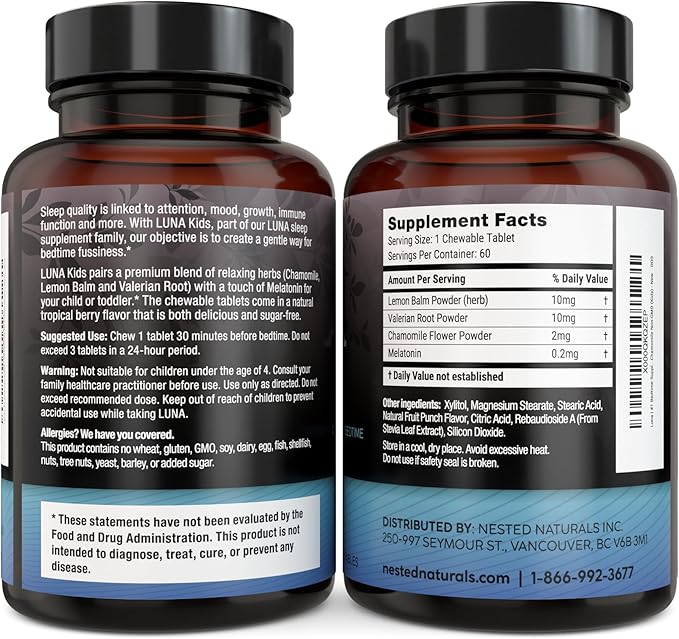 Nested Naturals Luna Kids Sleep Supplement - for Children &amp Melatonin Sensitive Adults - Gentle Herbal Supplement with Chamomile Melatonin &amp Valerian - 180 Chewable Tablets (60 Per Bottle)