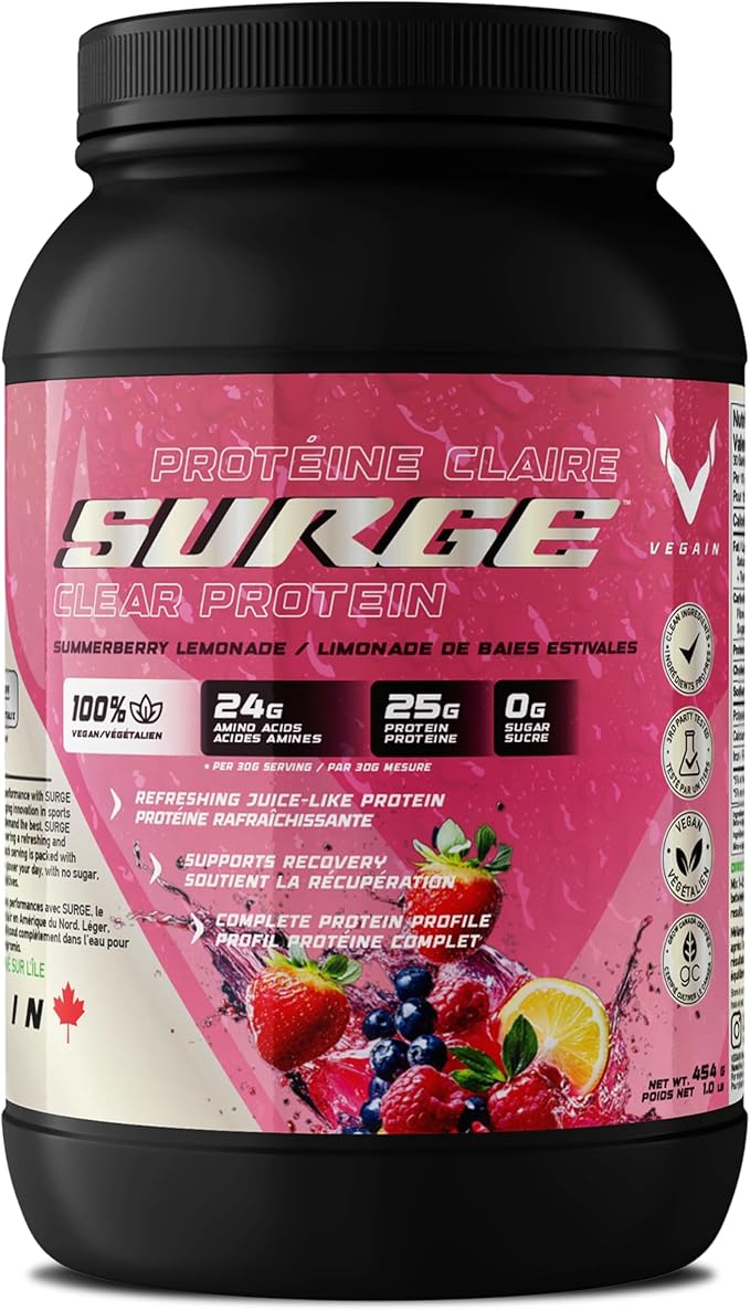 PRO-SURGE Clear Protein Powder Summerberry Lemonade Flavor 454g - 30 Servings 25g Plant-Based Protein Isolate - Sugar-Free Dairy-Free Soy-Free Gluten-Free Clear &amp Refreshing Juice-Like Drink