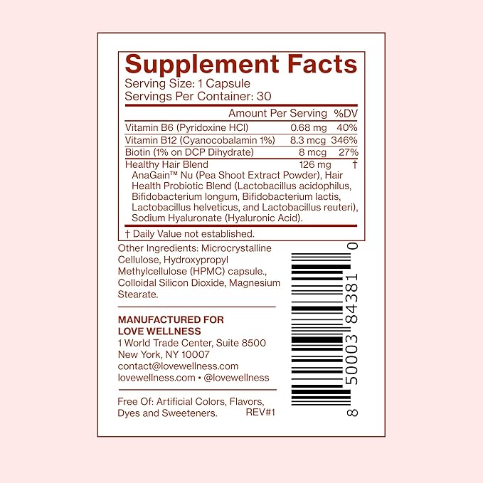 Love Wellness Healthy Hair Probiotics | Support Hair Growth with Biotin and Vitamin B12 &amp B6 | Supplement for Healthy Scalp &amp Thicker Fuller Looking Hair | Safe &amp Effective | 30 Capsules