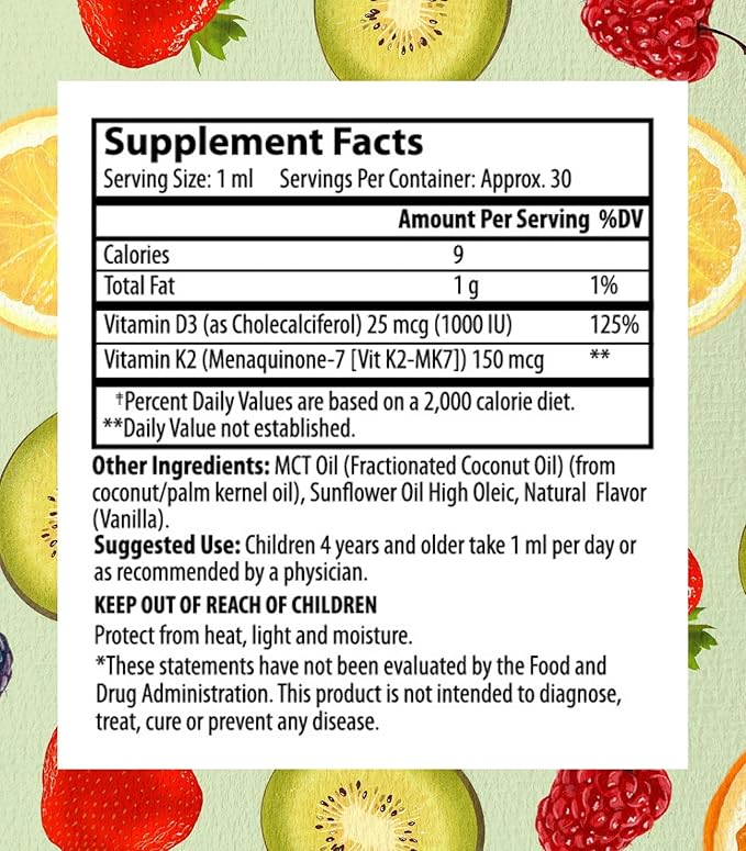 Go Healthy Kids Vitamins D3 K2 (MK-7) Child Vitamin D Liquid Vegan D3 K2 Drops for Kids Sugar-Free Easy-to-Absorb Children's Growth &amp Immune Support Vanilla Flavor - 30 Servings