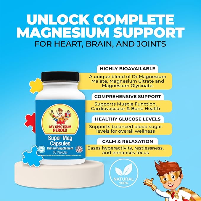 My Spectrum Heroes Magnesium Capsules - High-Absorption Magnesium Blend for Sleep Relaxation Cognitive Support and Calm - Kid &amp Adult Friendly Formula - Promotes Wellness and Balance - 60 Capsu
