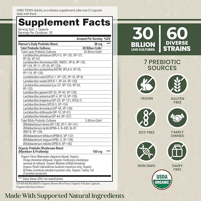 Vital Planet - Organic Flora Probiotics for Women Women's Daily Shelf Stable Probiotic 30 Billion CFU 60 Diverse Strains Prebiotic Organic Mushroom Blend Immune and Digestive Health 30 Capsules
