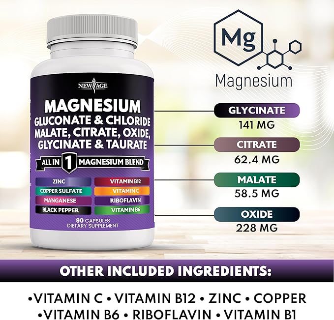 NEW AGE Magnesium Supplement -Powerful Glycinate Citrate Malate Oxide Taurate Aspartate Gluconate Orotate &amp Mag Chloride Manganese Bone Health and Bone Strength Joint Support- 270 Count