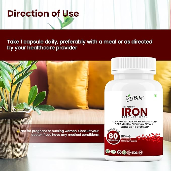 Iron Bisglycinate 180mg – High Potency Iron Supplement for Red Blood Cell Production Iron Deficiency &amp Energy Support – Gentle on Stomach Non-GMO Gluten Free 60 Veg Capsules