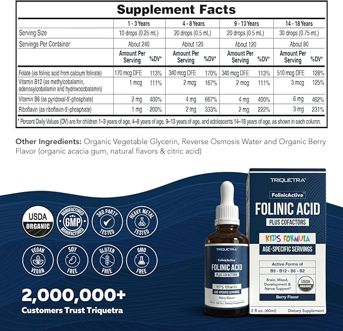 Organic FolinicActive Kids - Folinic Acid + B12 B6 &amp B2 Cofactors - Gentle Methylation Support for Mood Energy &amp Cognition Age Adjustable Dosing for Kids 1-18 Non GMO Vegan Berry Flavor