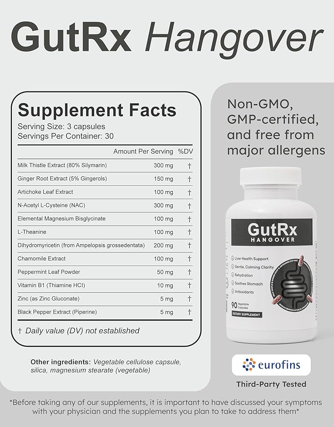 Recovery Support Supplement – Digestive &amp Nervous System Support with Milk Thistle NAC Magnesium &amp B Vitamins 30 Servings