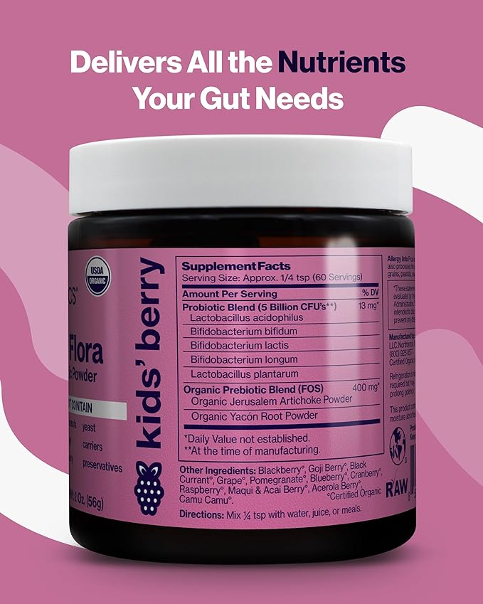 SUNBIOTICS Friendlier Flora - Kids Prebiotic and Probiotic Powder Supplement with 5 Billion CFUs of 5 Probiotic Strains for Good Gut Flora Immune System &amp Balanced Microbiome - Berry 2 Ounce