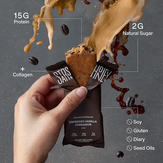 Stars + Honey Protein Bars Espresso Vanilla Cinnamon 15g Protein 2g Sugar with Collagen Peptides Dairy Free Soy &amp Gluten Free Snacks Keto Friendly No Seed Oils or Sugar Alcohols 10 Pack