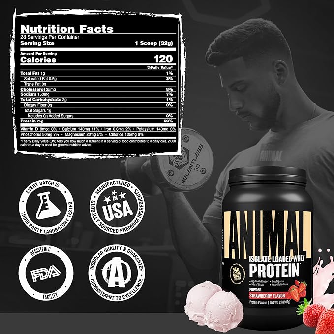 Animal Whey Isolate Protein Powder - Loaded for Pre &amp Post Workout Muscle Builder and Recovery with Digestive Enzymes for Men &amp Women - 25g Protein Great Taste Low Sugar - Strawberry 2 lbs