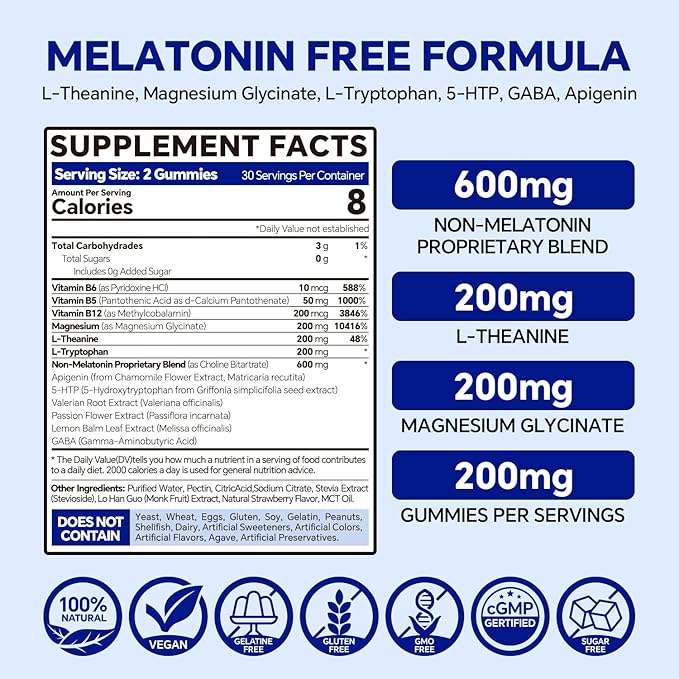 Melatonin Free 5-HTP GABA Supplement Gummies for Adults &amp Kids 12+ with L-Theanine Magnesium Glycinate L-Tryptophan Apigenin - Sugar Free Strawberry Flavor Vegan 120 Count