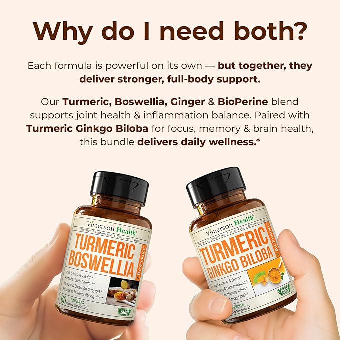 Boswellia Turmeric Curcumin Supplement + Turmeric Ginkgo Biloba Bundle – Natural Turmeric Supplement for Focus Memory Joint &amp Brain Health – with Ginger Root Curcuma Black pepper &amp Organic