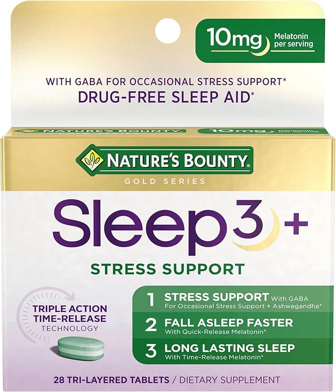 Nature's Bounty Sleep + Stress Support Sleep3 Maximum Strength 100% Drug Free Sleep Aid Dietary Supplement with Ashwagandha Time Release Technology 10mg 28 Tri-Layered Tablets (Pack of 3)