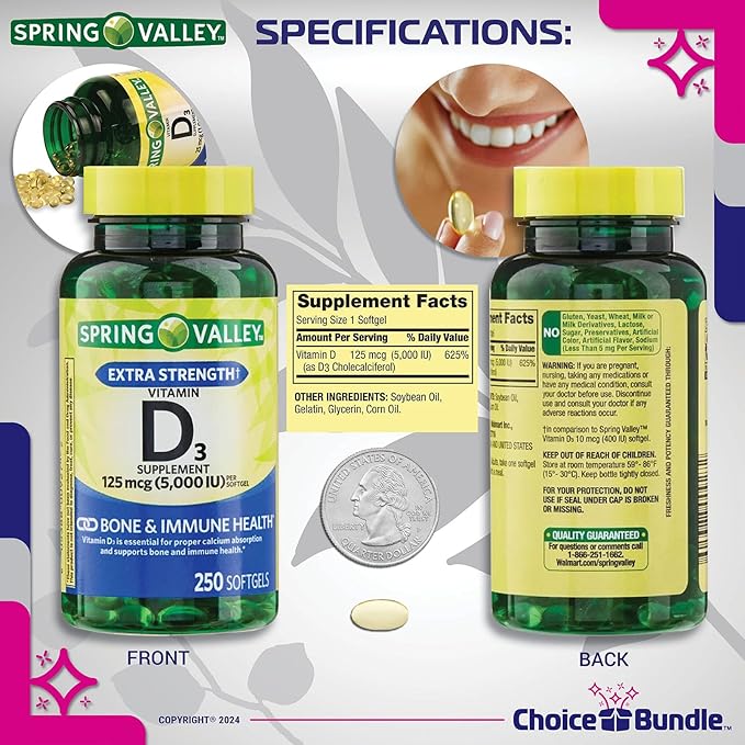Spring Valley Vitamin D3 Softgels 125 mcg 5000 IU 250 Ct 2 pk (500 Total) + Vitamin Vitality &amp Pill Container (4 Items)!