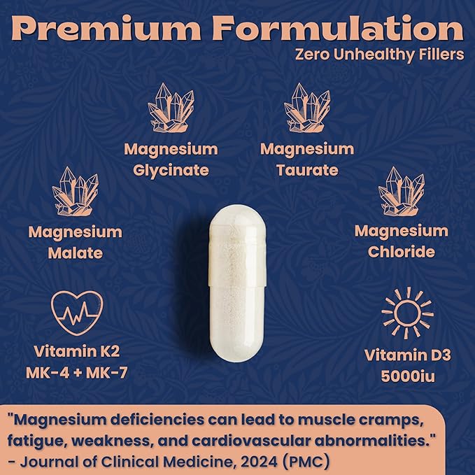 Magnesium Complex 420mg with Vitamin D3 K2 - Four Bioavailable Forms Including Bisglycinate (Glycinate) Malate Taurate and Chloride for Superior Absorption - 90 Capsules Made in USA