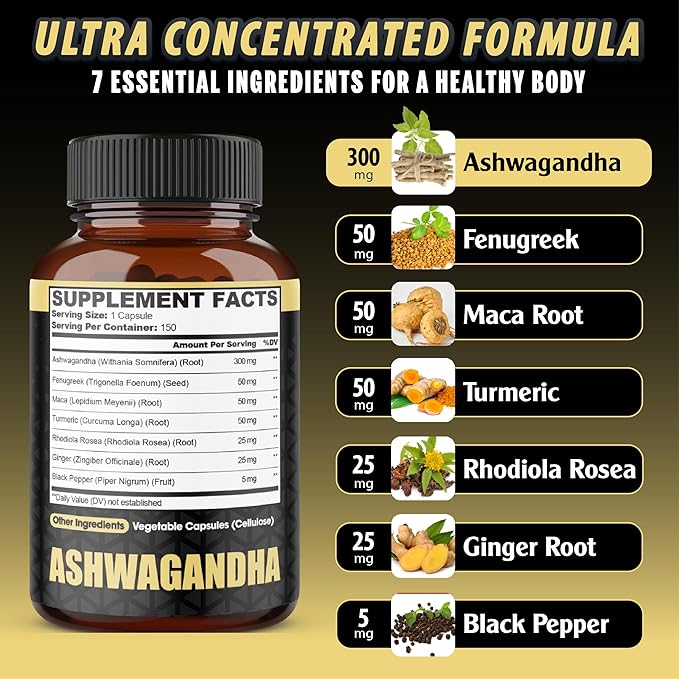 Ashwagandha Extract Capsules 7 Herbal Ingredients 8050 mg - Blended Fenugreek Maca Turmeric Rhodiola Ginger &amp Black Pepper - Sleep Spirit Immune &amp Energy Support - 5-Month Supply