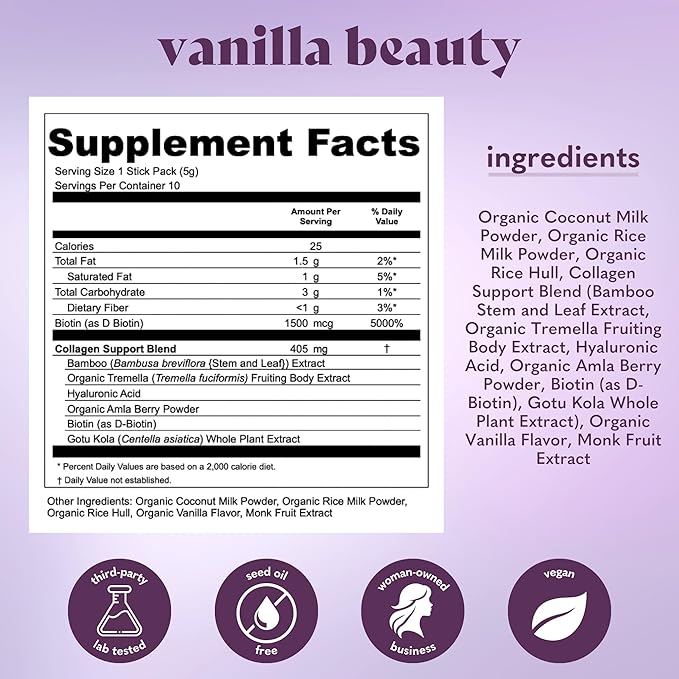 Copina Co. Vanilla Beauty Vegan Collagen Booster Creamer: Plant Based Collagen Support Smoothie Drink Vegan Blend Variety Pack | Vanilla Flavor | 10 Individual Stick Packs per Carton