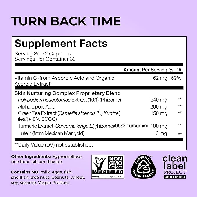 HUM Turn Back Time Turmeric Supplement for Youthful Looking Skin Support with Green Tea Extract Lutein &amp Polyphenols Skin Care Aging &amp Collagen Support Capsules for Even Tone 60 Vegan Capsu